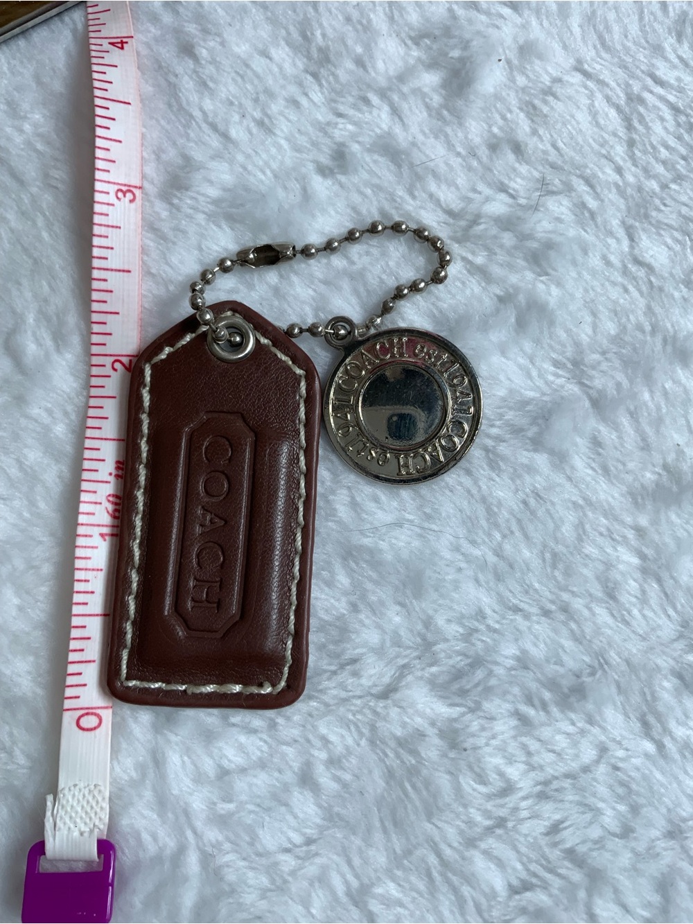 Coach Brown Leather Key Tag with Silver-Tone Logo Charm (97)
